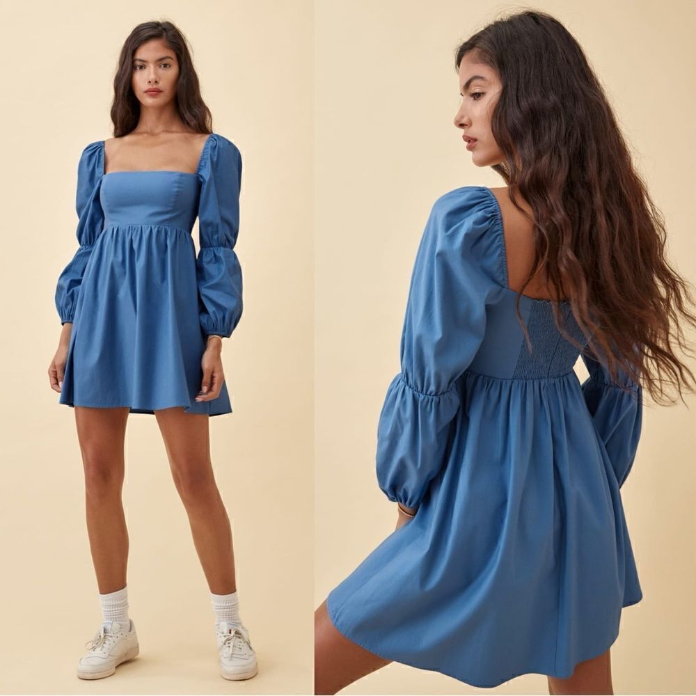 Reformation Michaela Cotton Mini Blue Dress Long Puff Sleeve Size 6